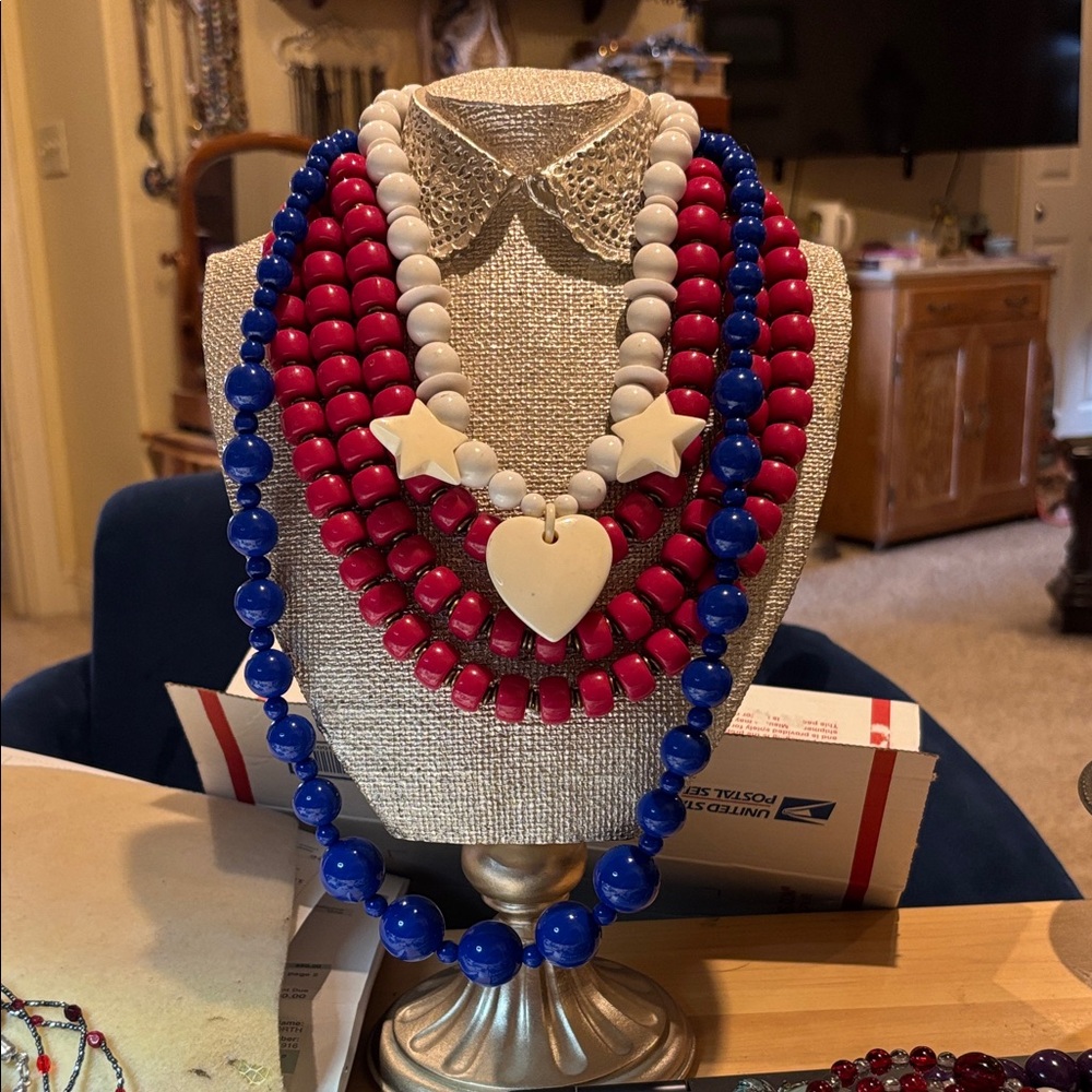 Patriotic Red White and Blue Beaded Statement Necklace Set